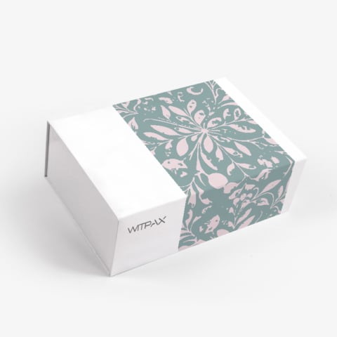 Custom white rigid box with lift-off lid featuring sage green and pink floral pattern on top surface