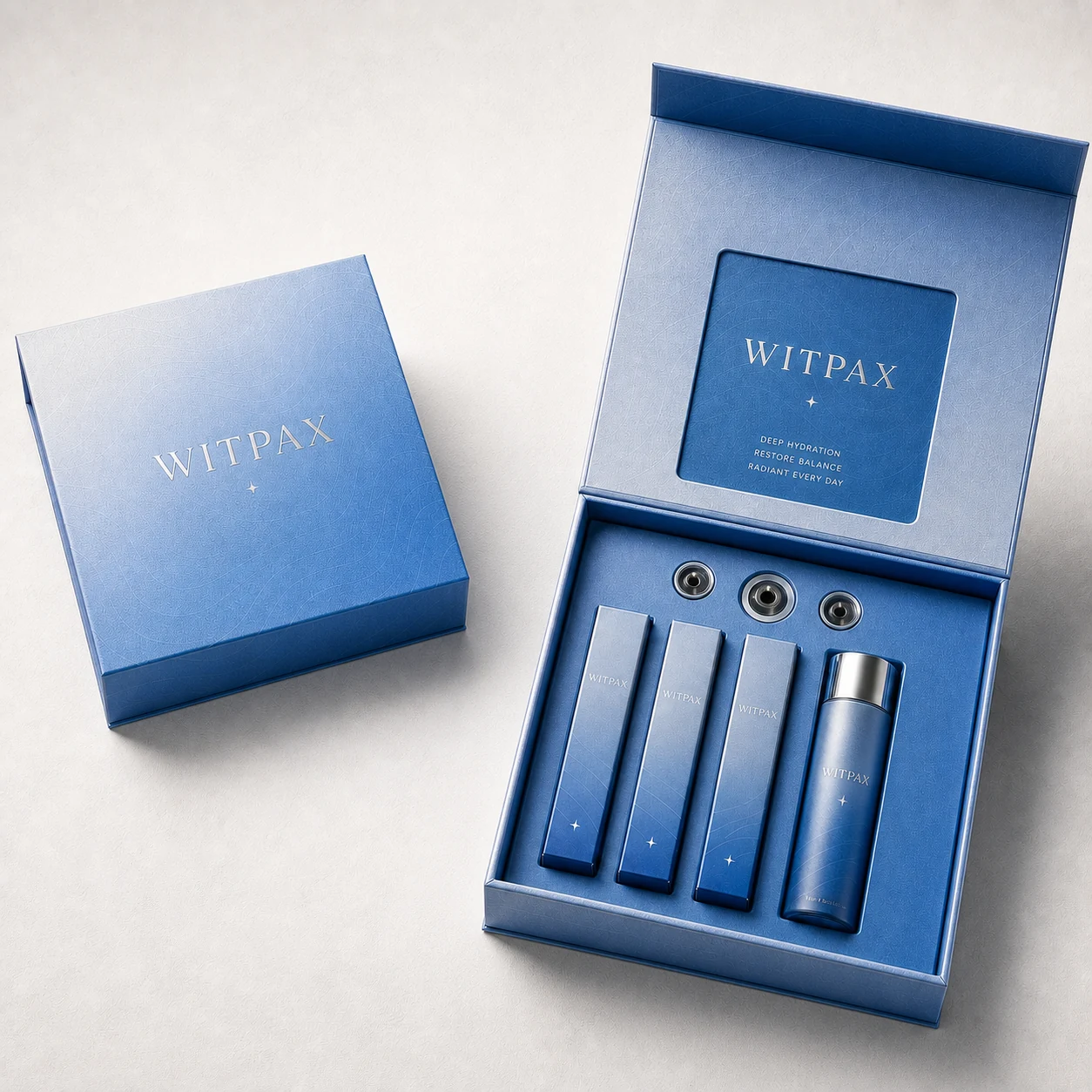 Open blue WITPAX skincare gift box with seven fitted products beside a clearly separated matching closed box.
