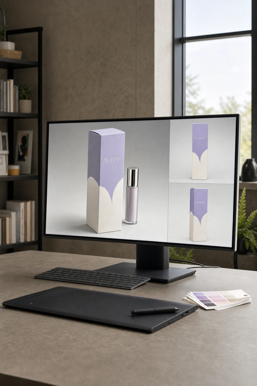 WITPAX cosmetic packaging shown in three digital render views on a professional monitor in a realistic design studio.
