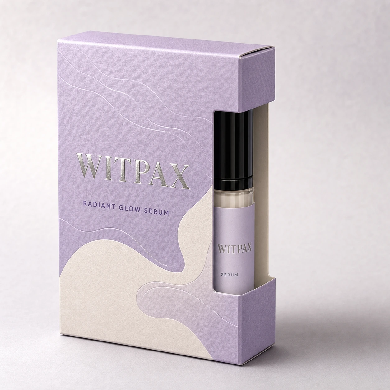 WITPAX lavender textured serum carton with a right-side display window revealing a cylindrical bottle in a clean studio setting.