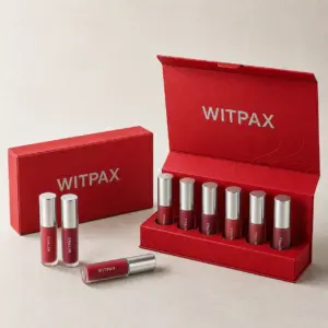 Red WITPAX lip color display set with six fitted products, three loose tubes, and matching closed box.