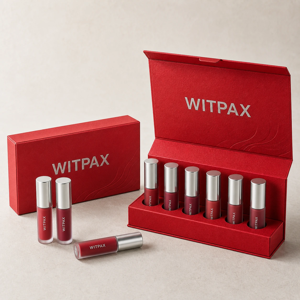 Red WITPAX lip color display set with six fitted products, three loose tubes, and matching closed box.