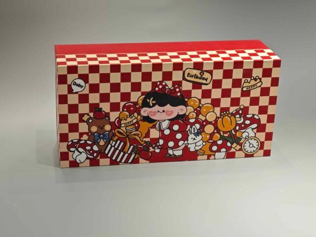 Our product is a custom-designed rectangular gift box in an appealing red color, featuring a checkered lid adorned with playful cartoon characters and food-themed illustrations. This versatile packaging solution is ideal for enhancing any occasion.