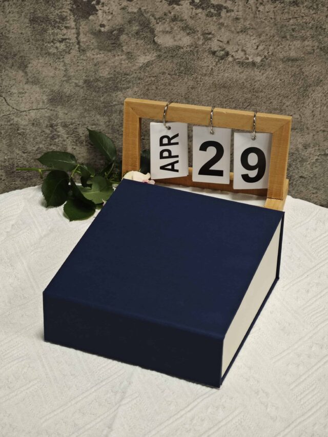 The image showcases an open navy and white collapsible rigid box