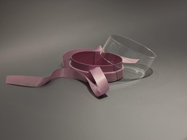 The product is a ellipse, pink custom box with a transparent lid, secured with a pink ribbon